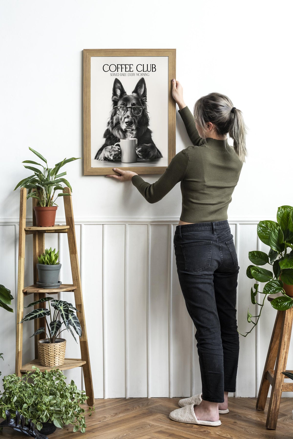 German Shepherd Art Print: Alsatian Dog Gifts, Funny Dog Kitchen Wall Art, Black & White Coffee Drinking Poster, Pet Owner Photo Artwork