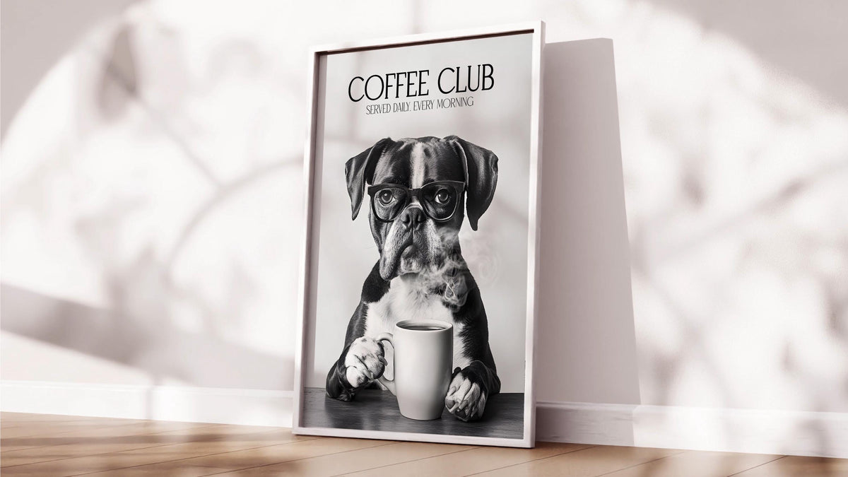Boxer Monochrome Print: Funny Dog Kitchen Wall Art, Black & White Coffee Drinking Poster, Pet Owner Photo Artwork