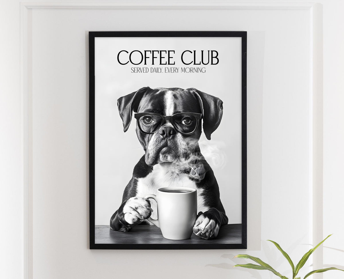Boxer Monochrome Print: Funny Dog Kitchen Wall Art, Black & White Coffee Drinking Poster, Pet Owner Photo Artwork