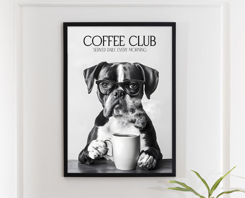 Boxer Monochrome Print: Funny Dog Kitchen Wall Art, Black & White Coffee Drinking Poster, Pet Owner Photo Artwork
