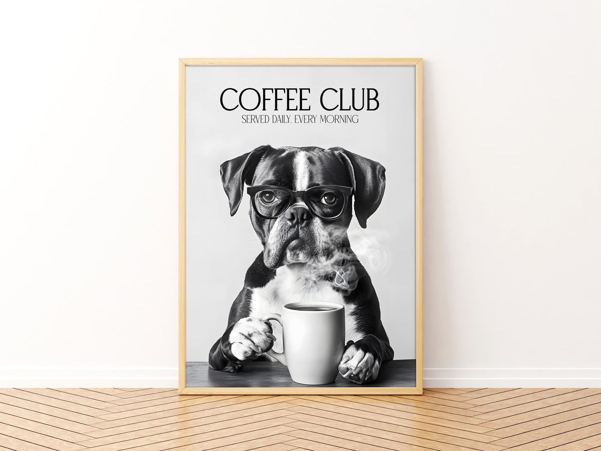 Boxer Monochrome Print: Funny Dog Kitchen Wall Art, Black & White Coffee Drinking Poster, Pet Owner Photo Artwork