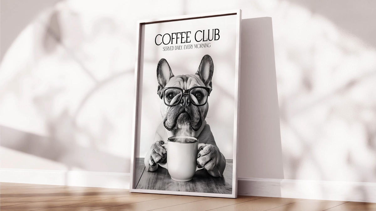Bulldog Monochrome Print: Funny Dog Kitchen Wall Art, Black & White Coffee Drinking Poster, Pet Owner Photo Artwork