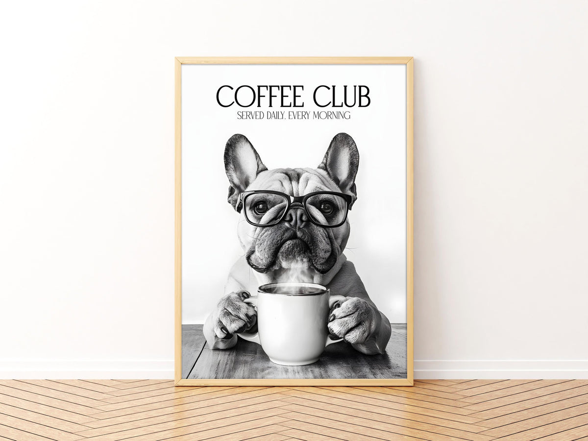 Bulldog Monochrome Print: Funny Dog Kitchen Wall Art, Black & White Coffee Drinking Poster, Pet Owner Photo Artwork