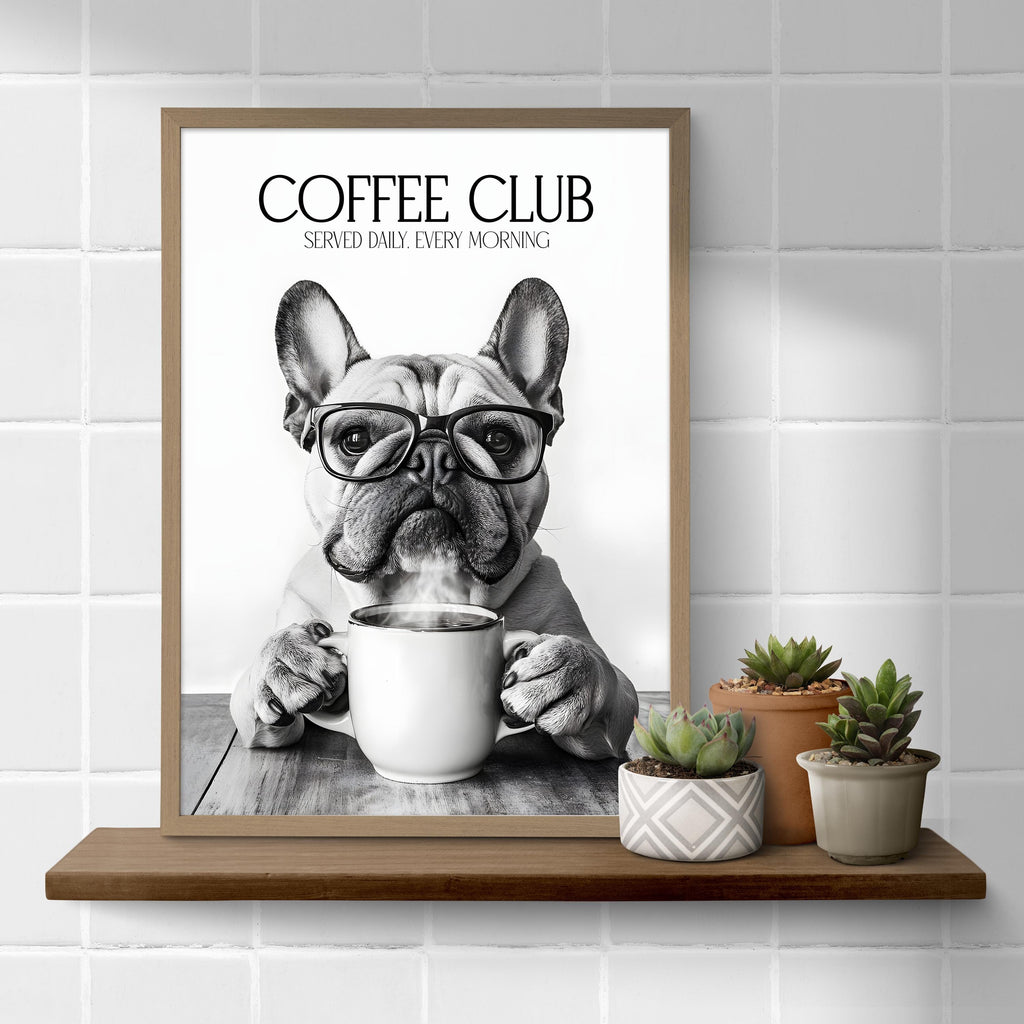 Bulldog Monochrome Print: Funny Dog Kitchen Wall Art, Black & White Coffee Drinking Poster, Pet Owner Photo Artwork