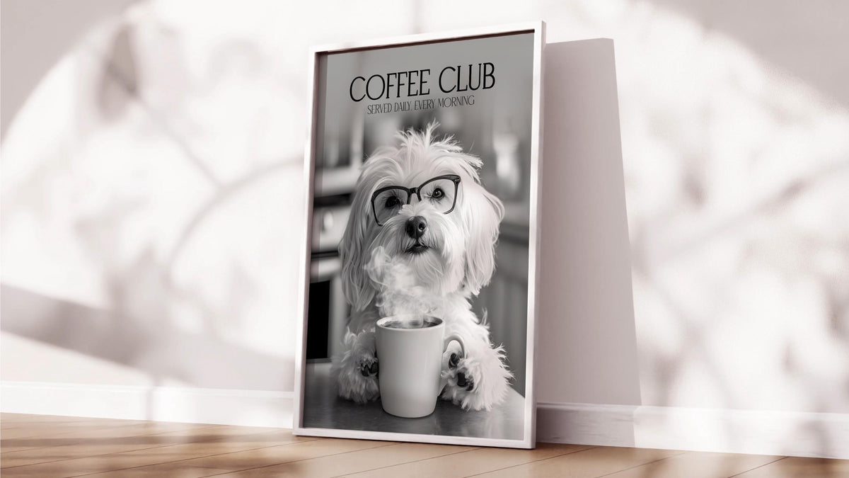 Havanese Art: Funny Animal Kitchen Wall Art, Coffee Drinking Dogs Poster, Pet Owner Black & White Photo Artwork, Havanese Gifts