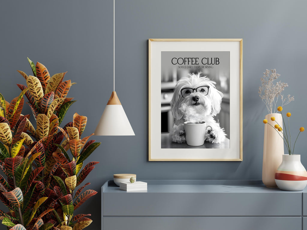 Havanese Art: Funny Animal Kitchen Wall Art, Coffee Drinking Dogs Poster, Pet Owner Black & White Photo Artwork, Havanese Gifts