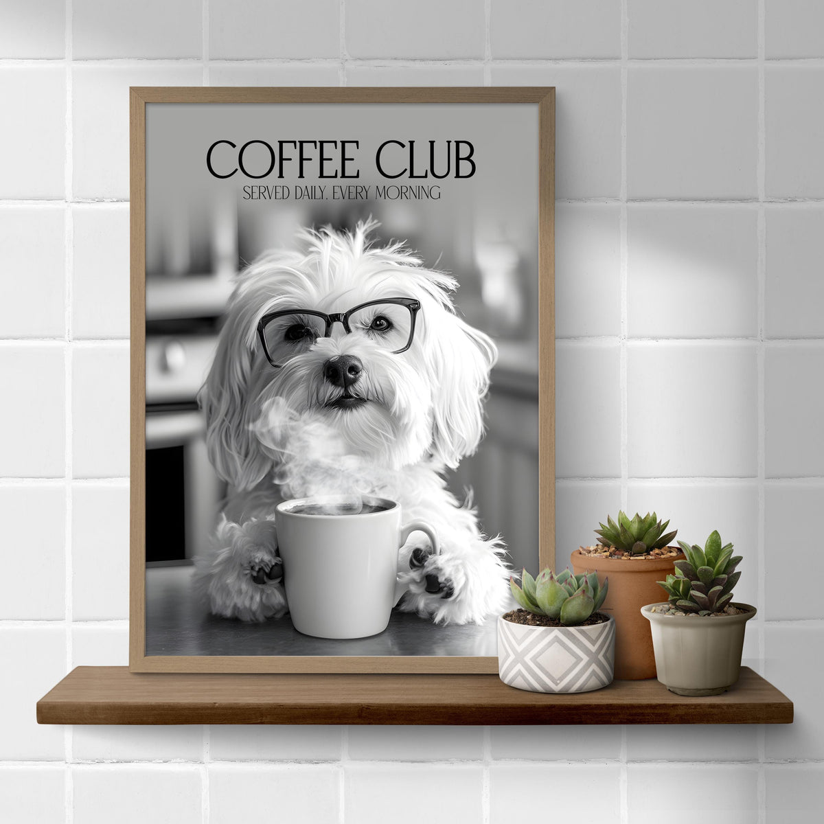 Havanese Art: Funny Animal Kitchen Wall Art, Coffee Drinking Dogs Poster, Pet Owner Black & White Photo Artwork, Havanese Gifts