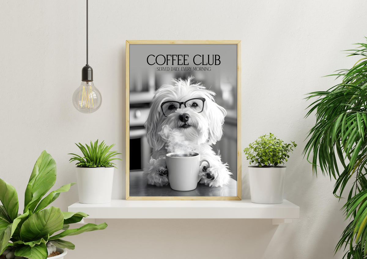 Havanese Art: Funny Animal Kitchen Wall Art, Coffee Drinking Dogs Poster, Pet Owner Black & White Photo Artwork, Havanese Gifts
