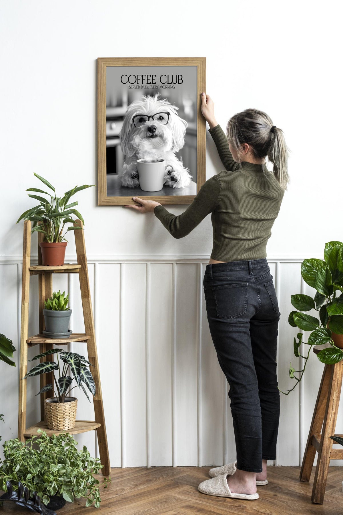 Havanese Art: Funny Animal Kitchen Wall Art, Coffee Drinking Dogs Poster, Pet Owner Black & White Photo Artwork, Havanese Gifts