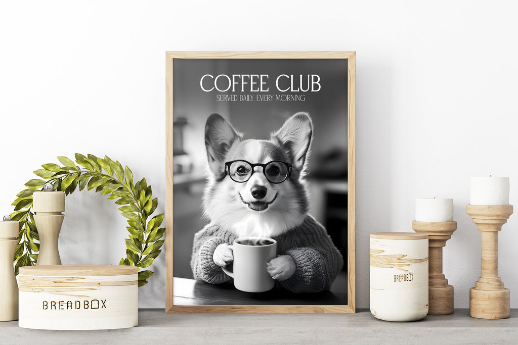 Corgi Funny Kitchen Print: Comedy Dog Wall Art, Black & White Coffee Drinking Poster, Cute Pet Owner Home Decor
