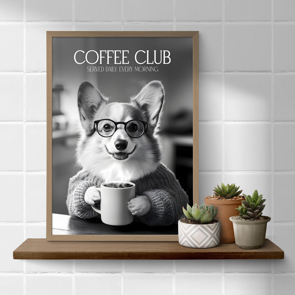 Corgi Funny Kitchen Print: Comedy Dog Wall Art, Black & White Coffee Drinking Poster, Cute Pet Owner Home Decor