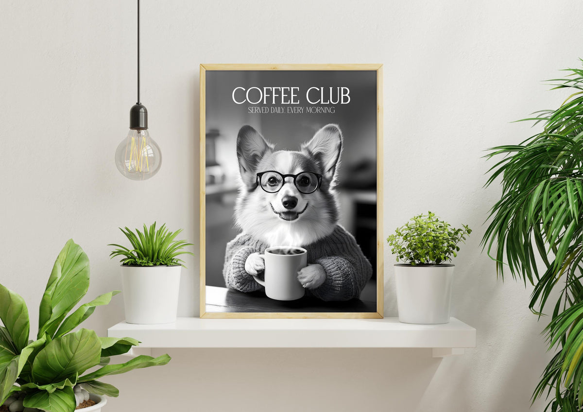 Corgi Funny Kitchen Print: Comedy Dog Wall Art, Black & White Coffee Drinking Poster, Cute Pet Owner Home Decor