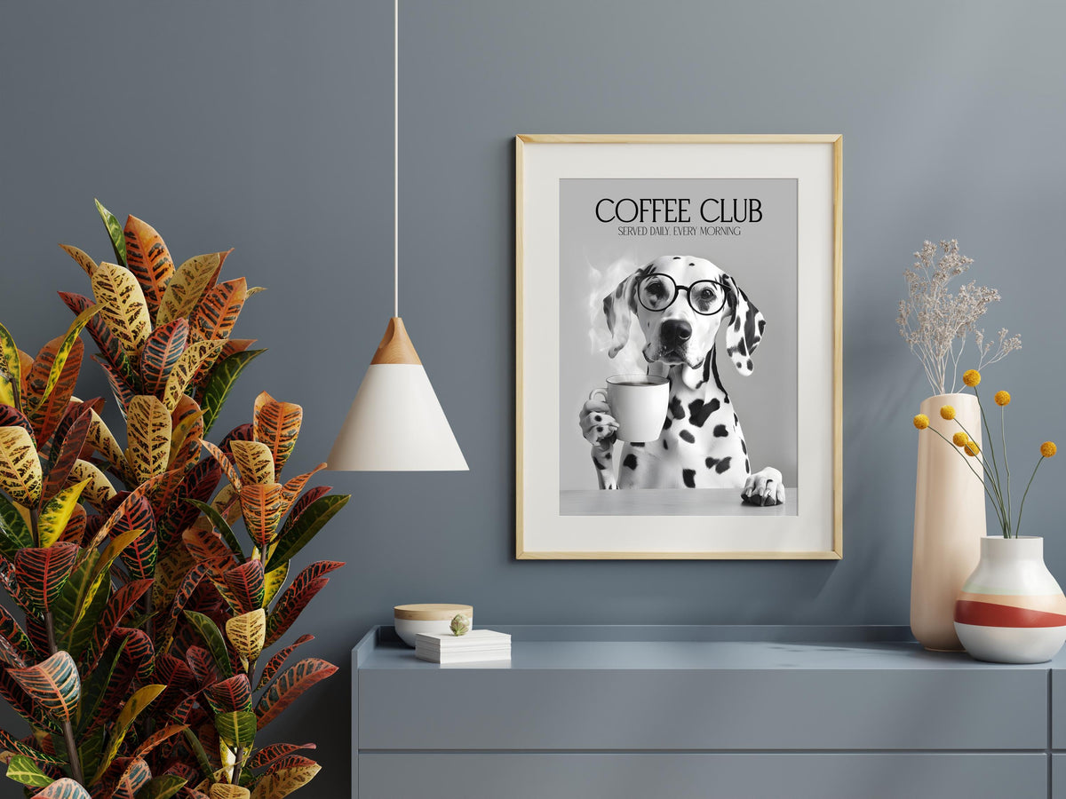 Dalmatian Dog Print: Funny Dog Kitchen Picture, Black & White Decor, Pet Owner Photo Poster, Cafe Humour Artwork, Dalmatian Drinking Coffee