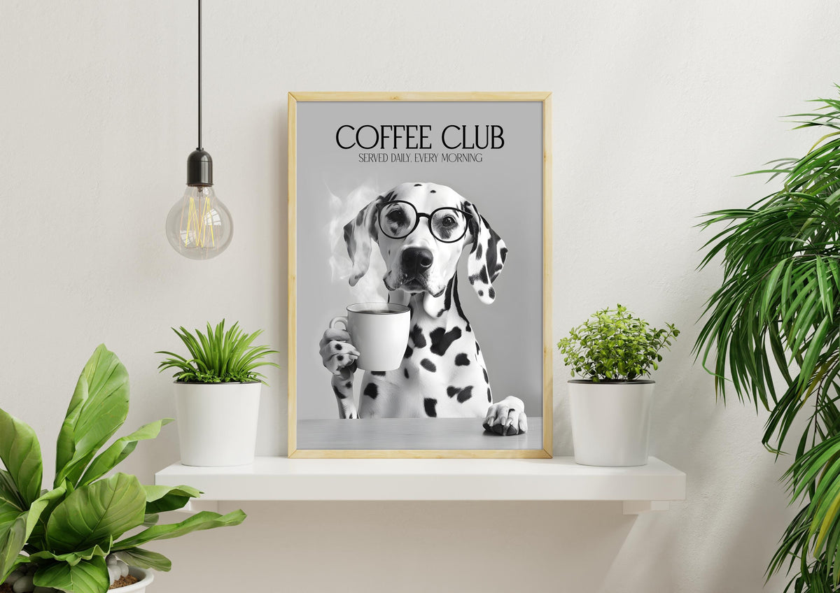 Dalmatian Dog Print: Funny Dog Kitchen Picture, Black & White Decor, Pet Owner Photo Poster, Cafe Humour Artwork, Dalmatian Drinking Coffee
