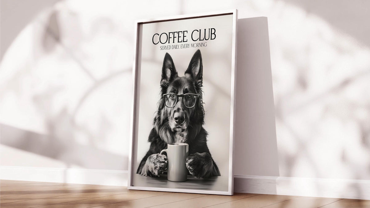 German Shepherd Art Print: Alsatian Dog Gifts, Funny Dog Kitchen Wall Art, Black & White Coffee Drinking Poster, Pet Owner Photo Artwork
