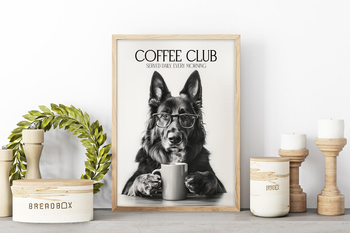 German Shepherd Art Print: Alsatian Dog Gifts, Funny Dog Kitchen Wall Art, Black & White Coffee Drinking Poster, Pet Owner Photo Artwork