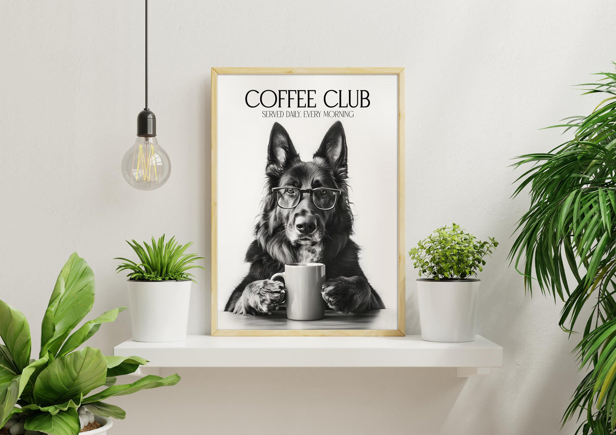 German Shepherd Art Print: Alsatian Dog Gifts, Funny Dog Kitchen Wall Art, Black & White Coffee Drinking Poster, Pet Owner Photo Artwork