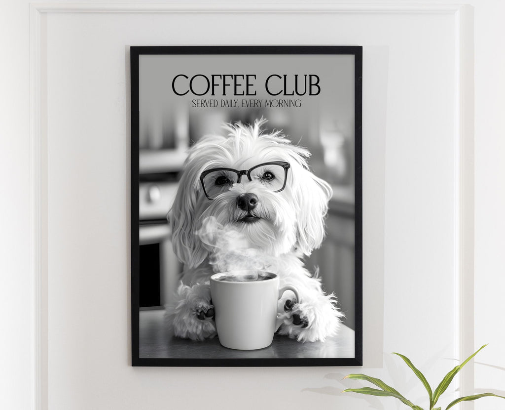 Havanese Art: Funny Animal Kitchen Wall Art, Coffee Drinking Dogs Poster, Pet Owner Black & White Photo Artwork, Havanese Gifts