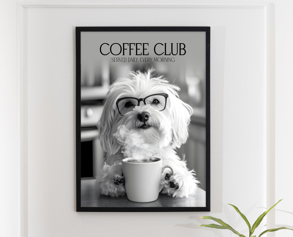 Havanese Art: Funny Animal Kitchen Wall Art, Coffee Drinking Dogs Poster, Pet Owner Black & White Photo Artwork, Havanese Gifts