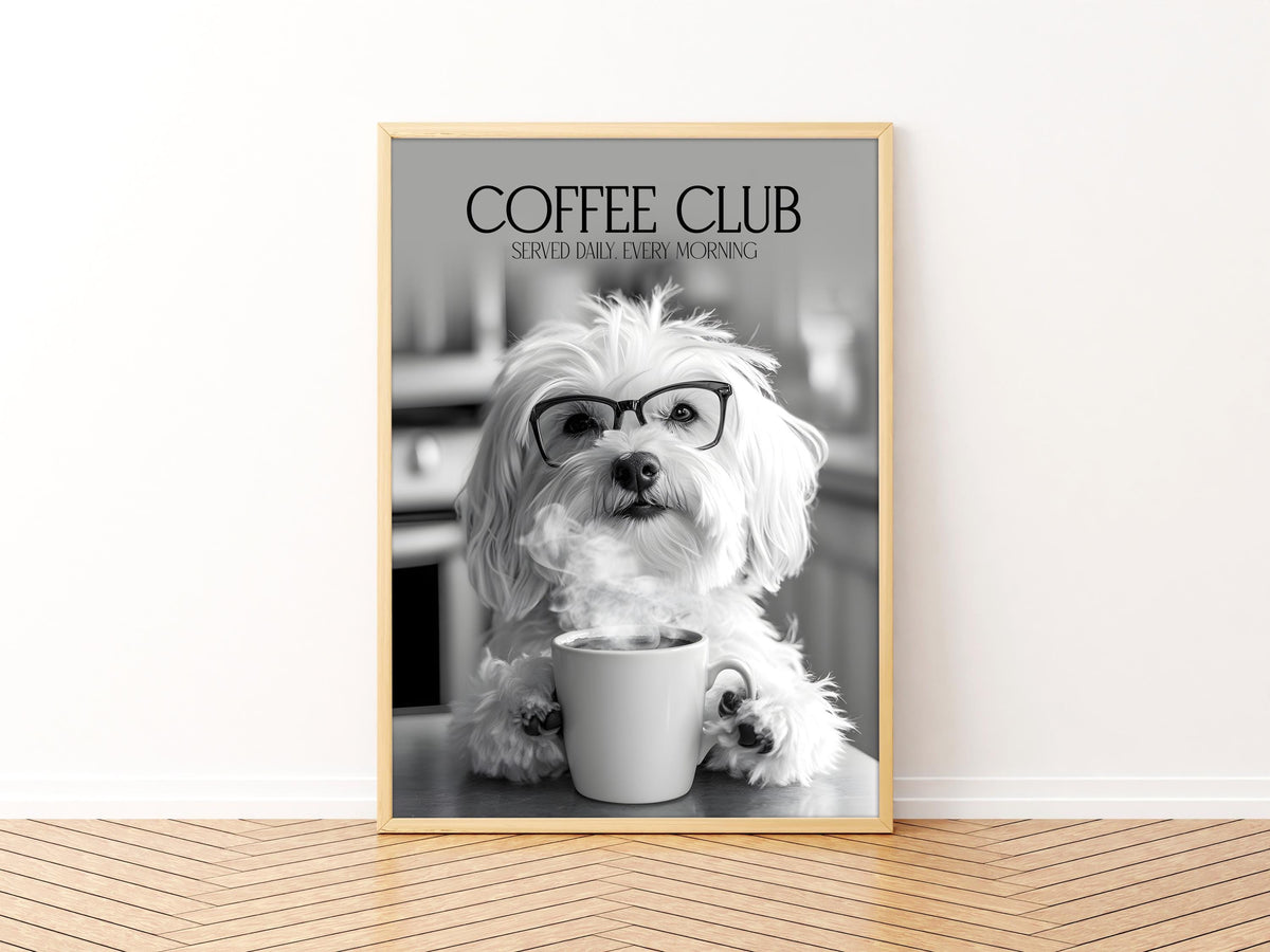 Havanese Art: Funny Animal Kitchen Wall Art, Coffee Drinking Dogs Poster, Pet Owner Black & White Photo Artwork, Havanese Gifts