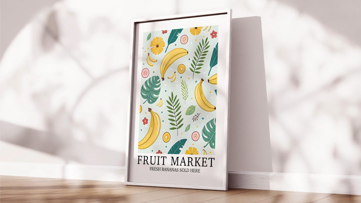 Fruit Market Print, Banana Wall Art, Pretty Tropical Fruit Poster, Farmhouse Home Gift, Set of Matching Prints, Colourful Home Decor