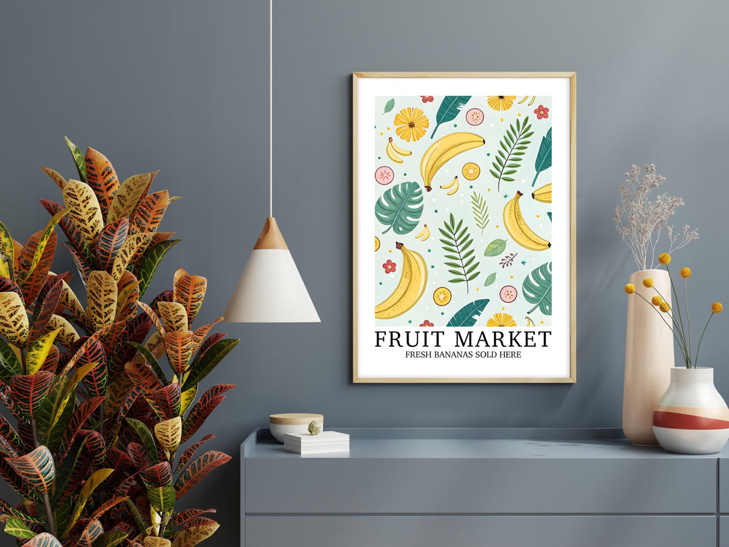 Fruit Market Print, Banana Wall Art, Pretty Tropical Fruit Poster, Farmhouse Home Gift, Set of Matching Prints, Colourful Home Decor