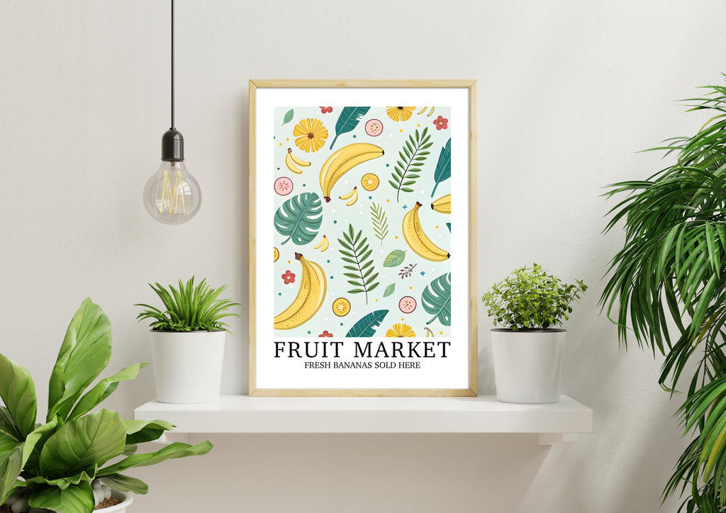 Fruit Market Print, Banana Wall Art, Pretty Tropical Fruit Poster, Farmhouse Home Gift, Set of Matching Prints, Colourful Home Decor