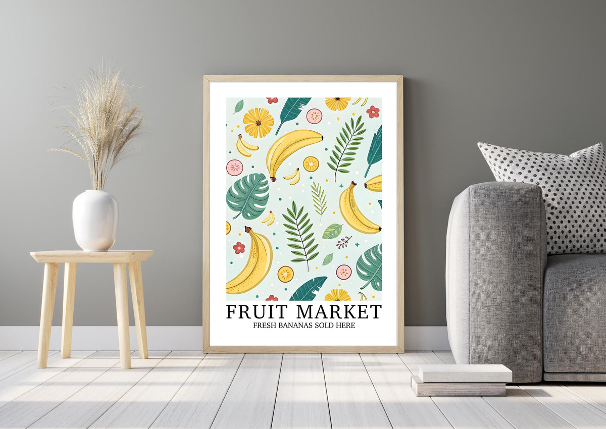 Fruit Market Print, Banana Wall Art, Pretty Tropical Fruit Poster, Farmhouse Home Gift, Set of Matching Prints, Colourful Home Decor