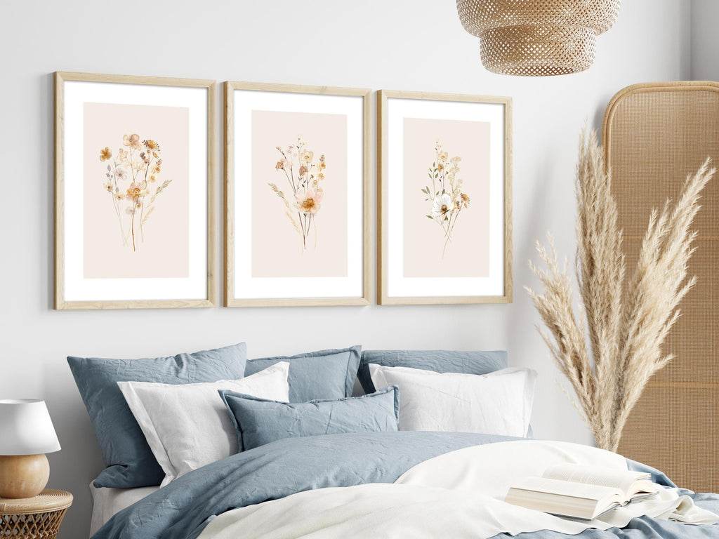 Neutral Wall Art Set of 3 Botanical Prints, Boho Floral Wall Art Bundle, Neutral Wall Decor with Flower Art in Terracotta Tones, Home Decor