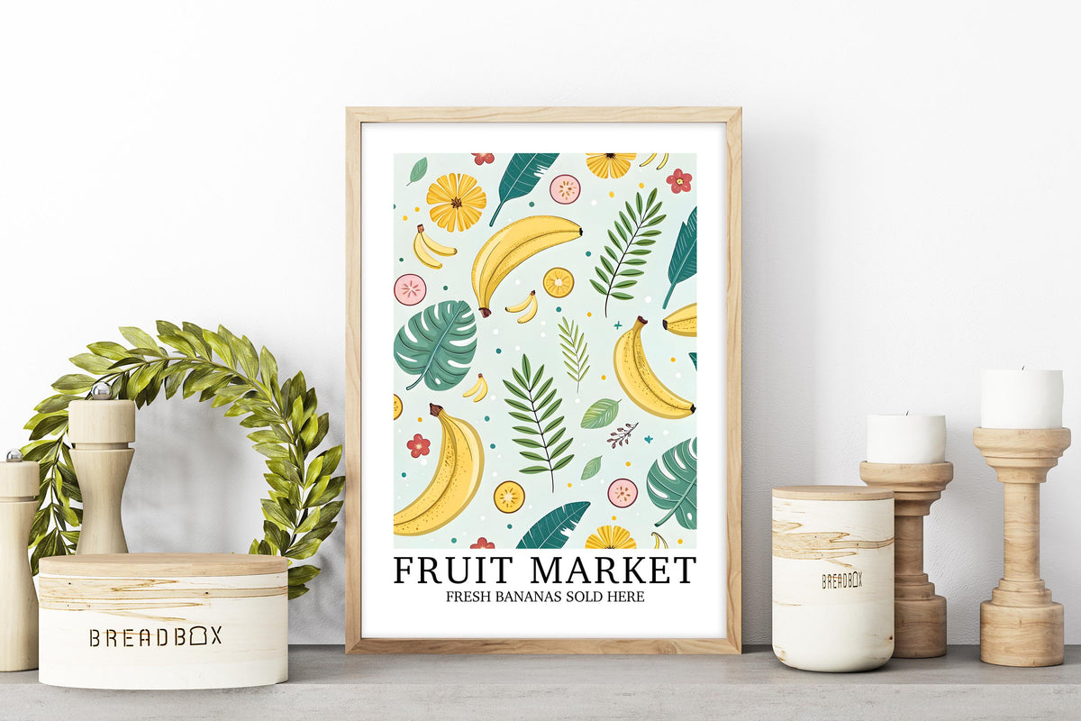 Fruit Market Print, Banana Wall Art, Pretty Tropical Fruit Poster, Farmhouse Home Gift, Set of Matching Prints, Colourful Home Decor