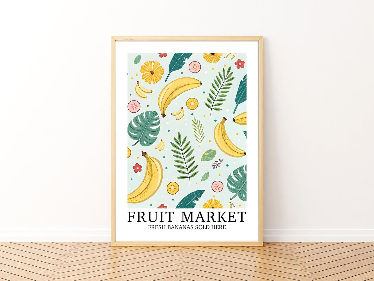 Fruit Market Print, Banana Wall Art, Pretty Tropical Fruit Poster, Farmhouse Home Gift, Set of Matching Prints, Colourful Home Decor