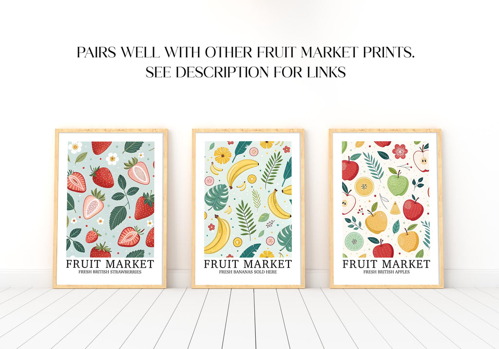 Fruit Market Print, Banana Wall Art, Pretty Tropical Fruit Poster, Farmhouse Home Gift, Set of Matching Prints, Colourful Home Decor