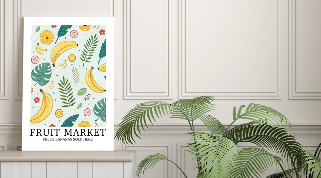 Fruit Market Print, Banana Wall Art, Pretty Tropical Fruit Poster, Farmhouse Home Gift, Set of Matching Prints, Colourful Home Decor