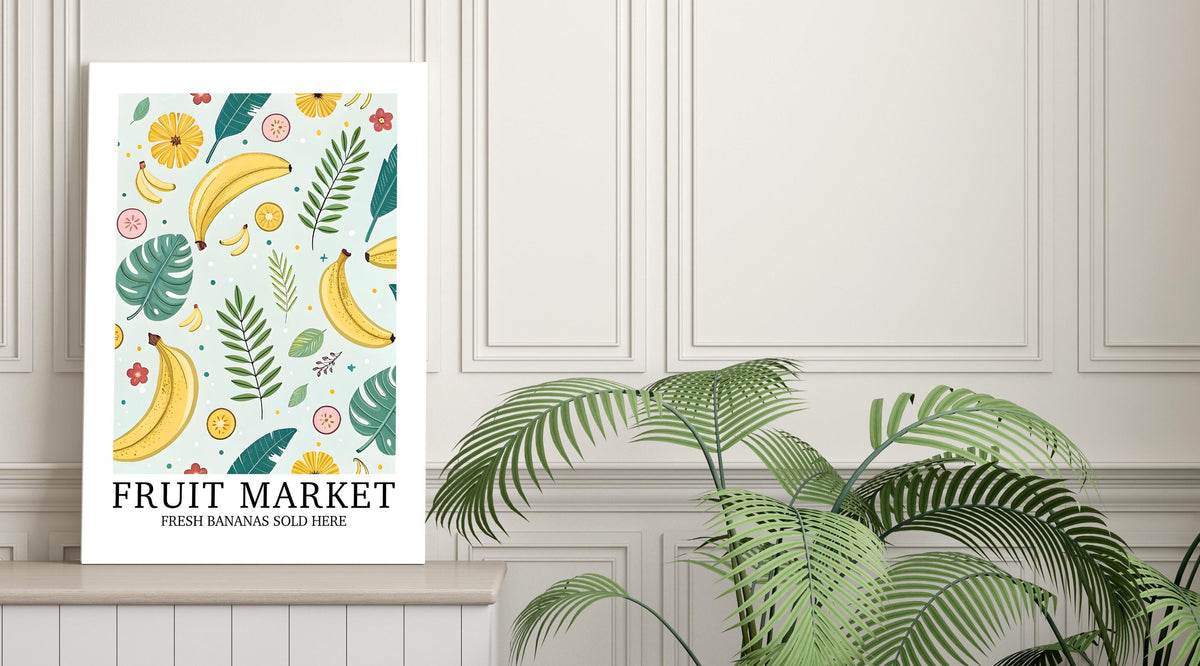 Fruit Market Print, Banana Wall Art, Pretty Tropical Fruit Poster, Farmhouse Home Gift, Set of Matching Prints, Colourful Home Decor