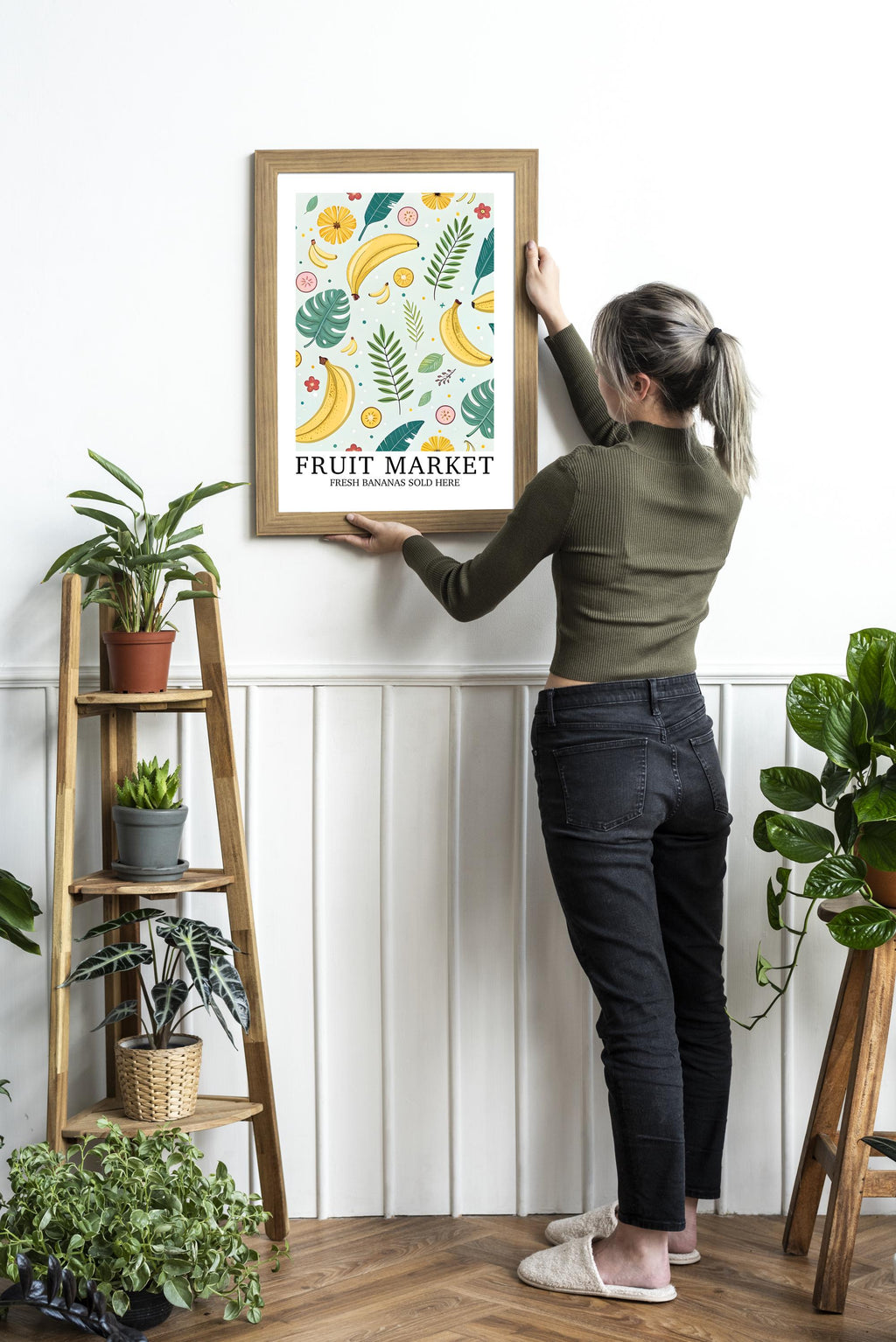 Fruit Market Print, Banana Wall Art, Pretty Tropical Fruit Poster, Farmhouse Home Gift, Set of Matching Prints, Colourful Home Decor