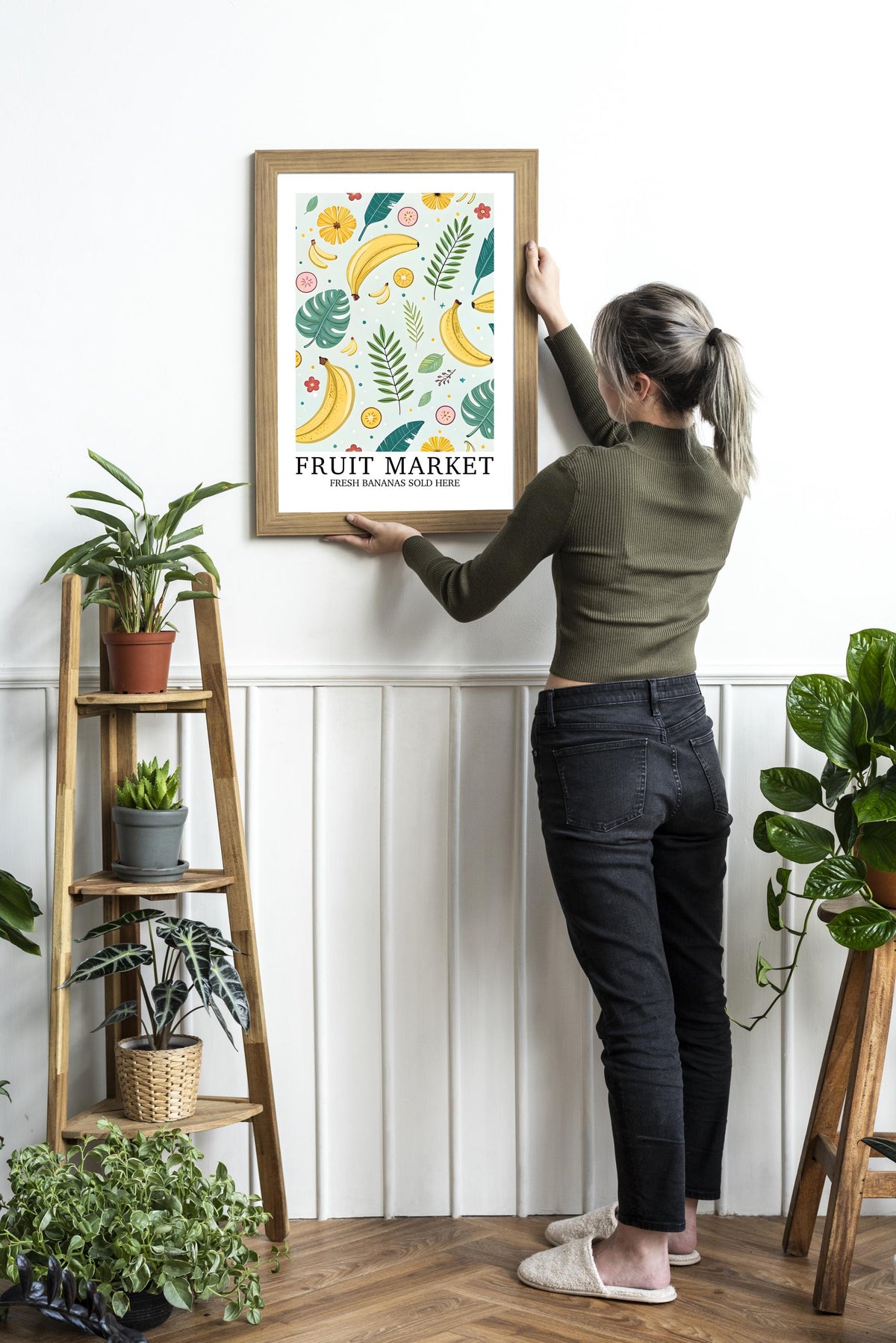 Fruit Market Print, Banana Wall Art, Pretty Tropical Fruit Poster, Farmhouse Home Gift, Set of Matching Prints, Colourful Home Decor