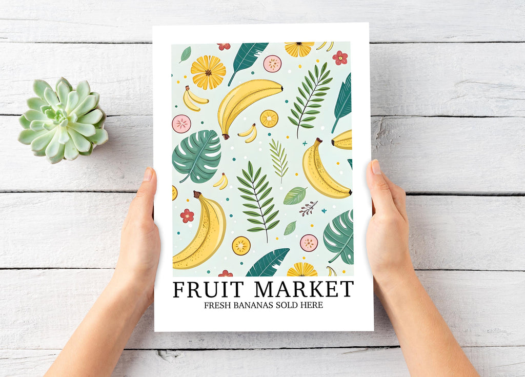 Fruit Market Print, Banana Wall Art, Pretty Tropical Fruit Poster, Farmhouse Home Gift, Set of Matching Prints, Colourful Home Decor