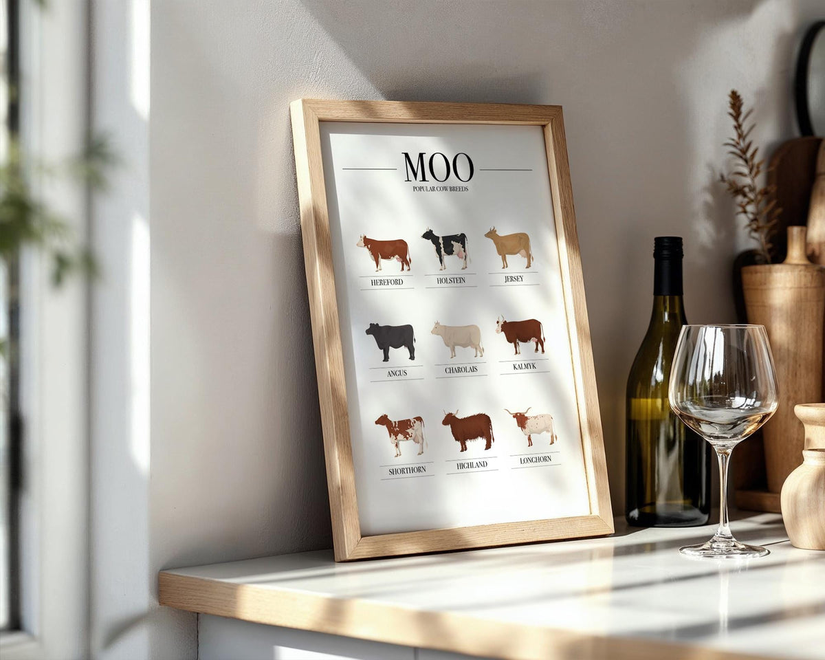 Cow Breeds Wall Art Print: Vet and Farmer Gifts. Cottage kitchen animal wall poster, Farm Animal Wall Art, Farmhouse kitchen Poster