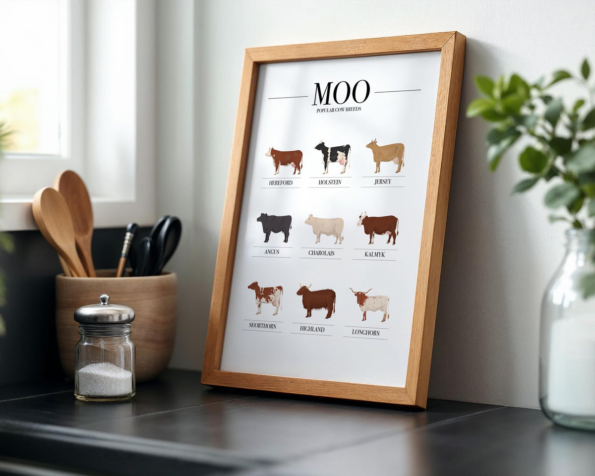 Cow Breeds Wall Art Print: Vet and Farmer Gifts. Cottage kitchen animal wall poster, Farm Animal Wall Art, Farmhouse kitchen Poster