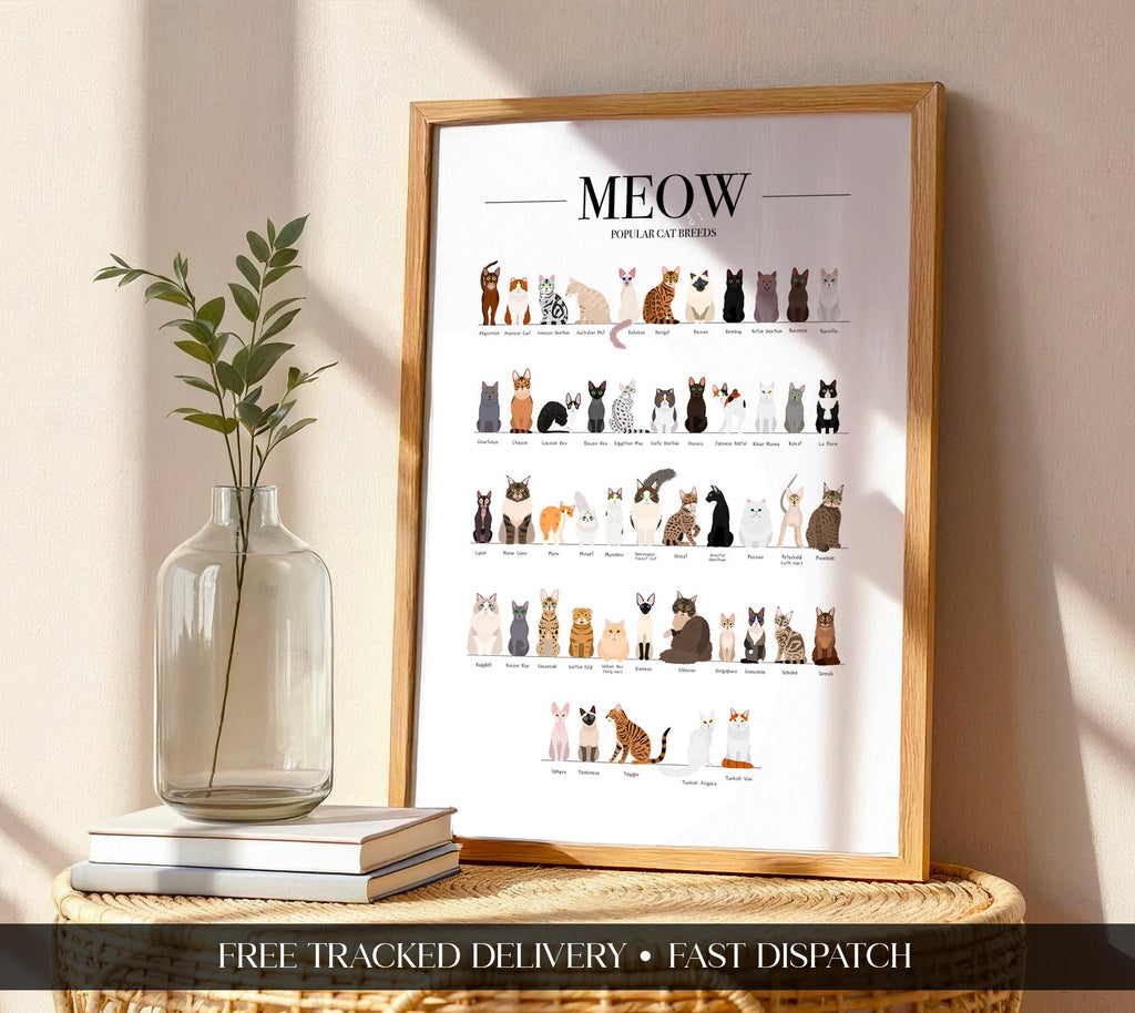 Cat Breeds Poster, Cat Home Decor, Cat Gifts for Her, Animal Prints For Bedroom, Cat Wall Art For Kids, Cat Memorial Gift, A3 A4 A5