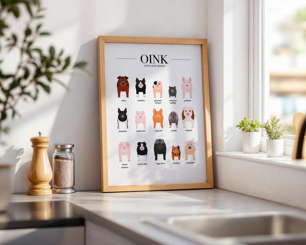 Pig Breeds Poster, Pig Gifts For Women, Pig Home Decor, Farmhouse Kitchen Print, Farm Animal Prints For Kids, Pig Illustration A5 A4 A3