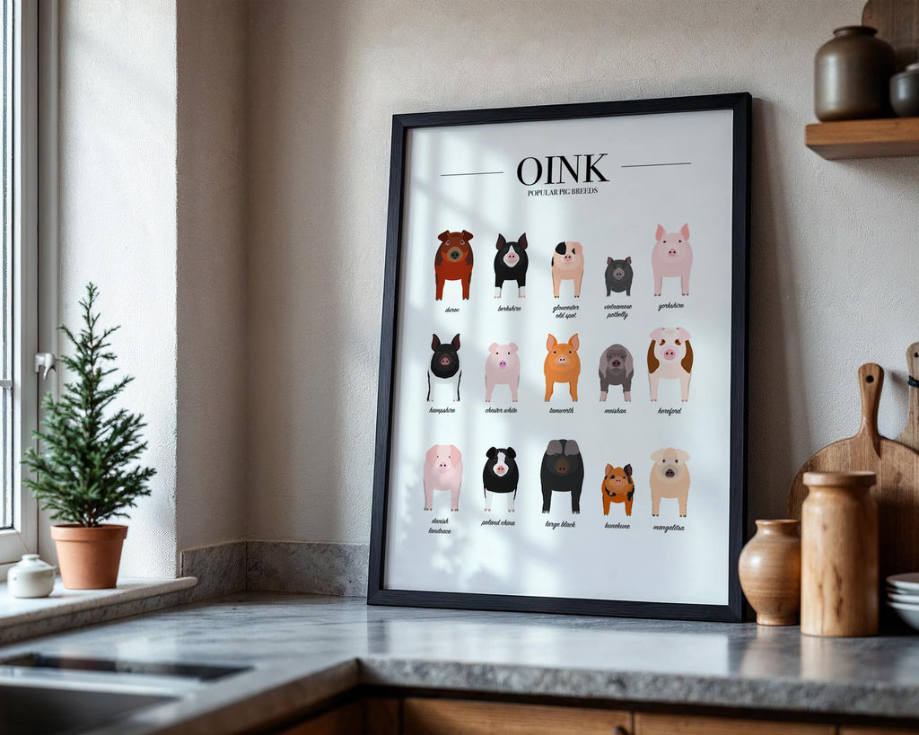 Pig Breeds Poster, Pig Gifts For Women, Pig Home Decor, Farmhouse Kitchen Print, Farm Animal Prints For Kids, Pig Illustration A5 A4 A3