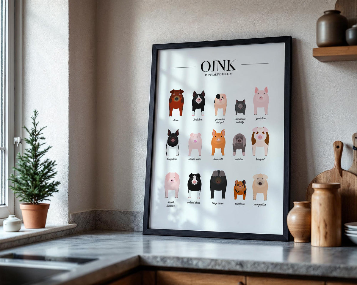 Pig Breeds Poster, Pig Gifts For Women, Pig Home Decor, Farmhouse Kitchen Print, Farm Animal Prints For Kids, Pig Illustration A5 A4 A3