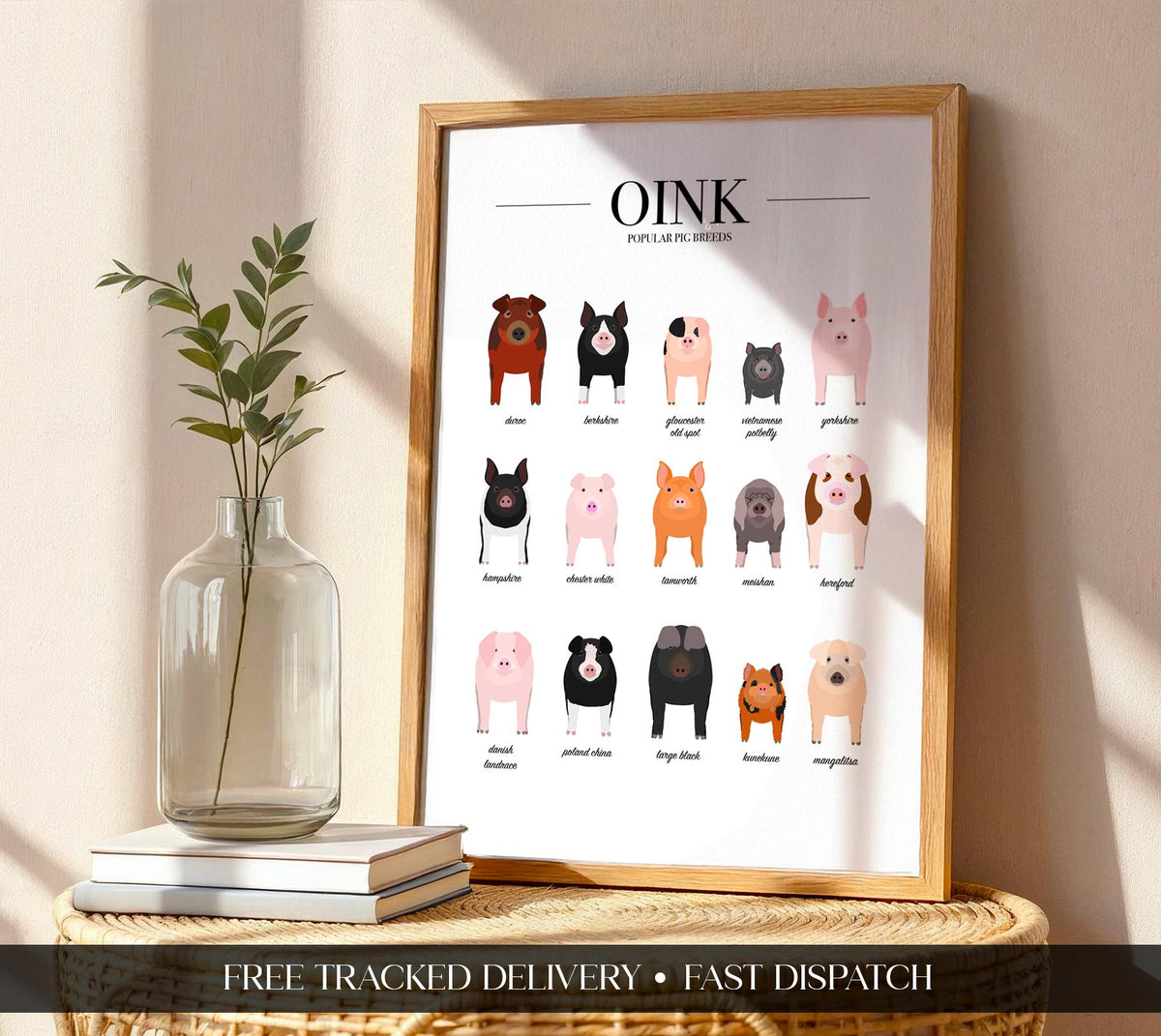 Pig Breeds Poster, Pig Gifts For Women, Pig Home Decor, Farmhouse Kitchen Print, Farm Animal Prints For Kids, Pig Illustration A5 A4 A3