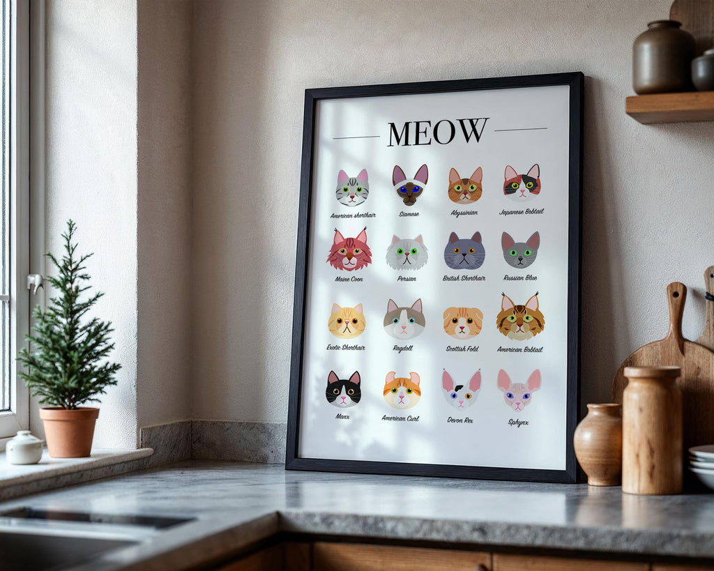 Cat Breeds Wall Art Print: Cat Gifts for Cat Lovers, Cute Cat Illustration Wall Print, Cat themed gift ideas, Cat Lover Wall Print A5 A4 A3