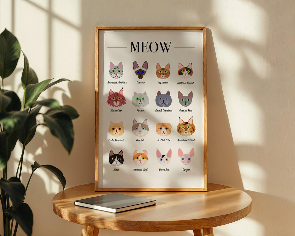 Cat Breeds Wall Art Print: Cat Gifts for Cat Lovers, Cute Cat Illustration Wall Print, Cat themed gift ideas, Cat Lover Wall Print A5 A4 A3