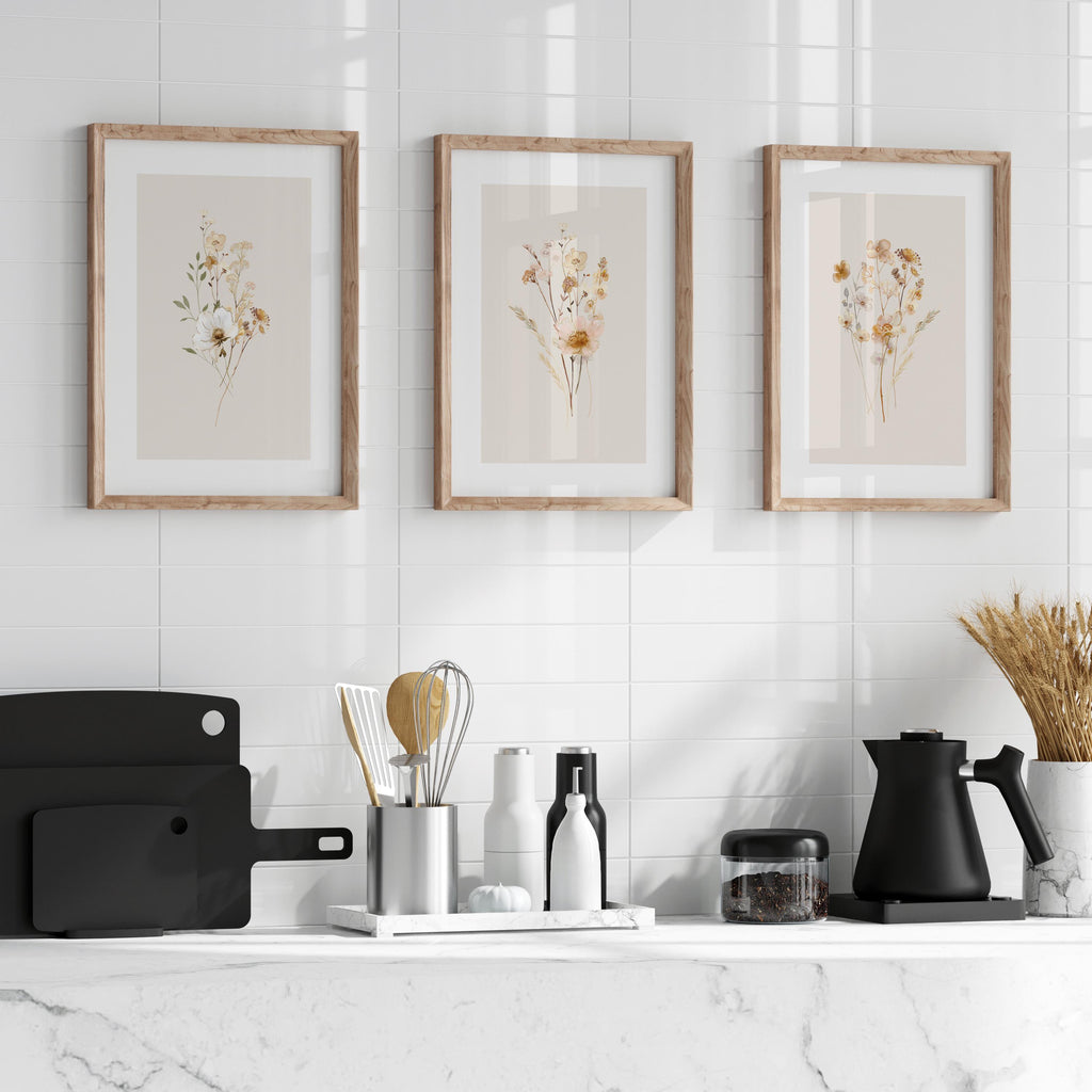 Neutral Wall Art Set of 3 Botanical Prints, Boho Floral Wall Art Bundle, Neutral Wall Decor with Flower Art in Terracotta Tones, Home Decor