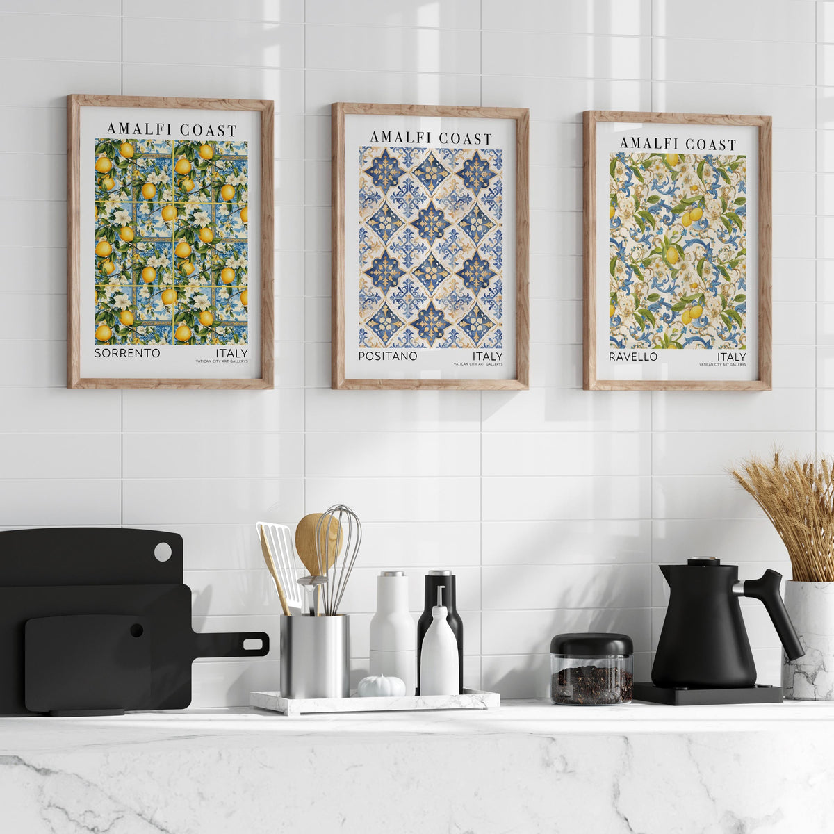 Amalfi Coast Wall Art Print Set, Italian Travel Print Bundle, Set of 3 Prints, Italy Kitchen Posters, Sorrento, Positano, Ravello, Capri