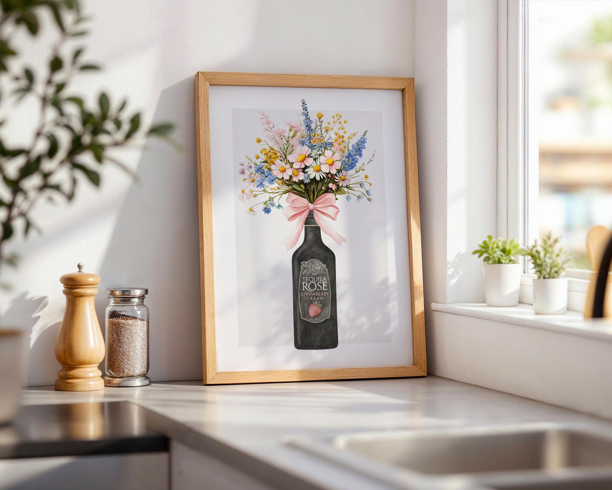 Tequila Rose Print, Bottle With Flowers, Strawberry Wall Art, Strawberry Illustration, Floral Artwork For Walls, A5 A4 A3