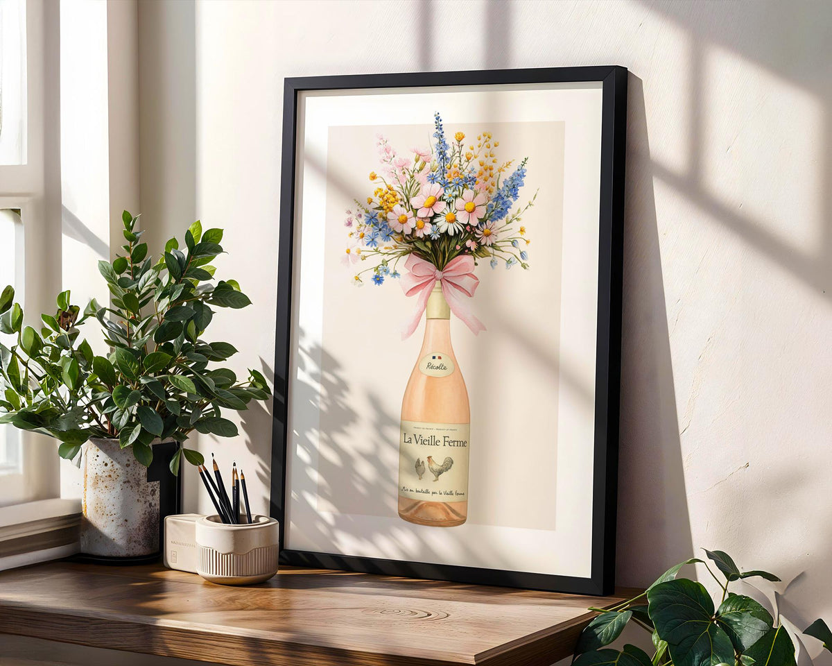Wine Bottle With Flowers Wall Art Print, Chicken Wine Print, La Vieille Ferme and Flowers Illustration, Modern Cottage Kitchen Poster